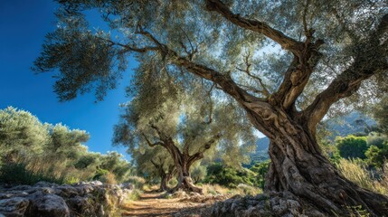 Fototapeta premium Ancient olive trees path landscape