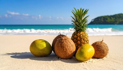 Pineapple, coconut and mango randomly arranged on sand, blue waves behind. Sharp photo, no people.