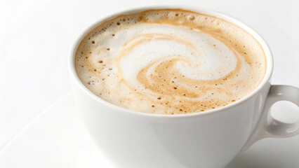 Photo of a closeup view of a cappuccino in a white cup, the foam art swirling delicately atop the rich brown coffee