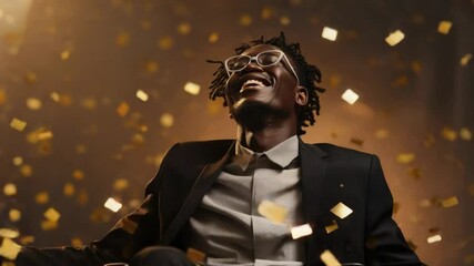 A businessman sits amidst a pile of golden confetti, conveying success and celebration