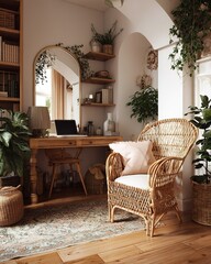 Rattan Office Space with Cozy Boho Feel