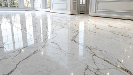 Photo of closeup view of a polished white marble floor reflecting light, showcasing its elegant and luxurious texture