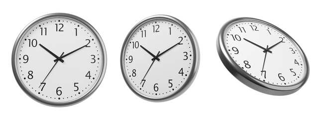 Three silver wall clocks showing different times in a realistic 3D style on white background, concept of time and variation in perspective angles. 3D Rendering