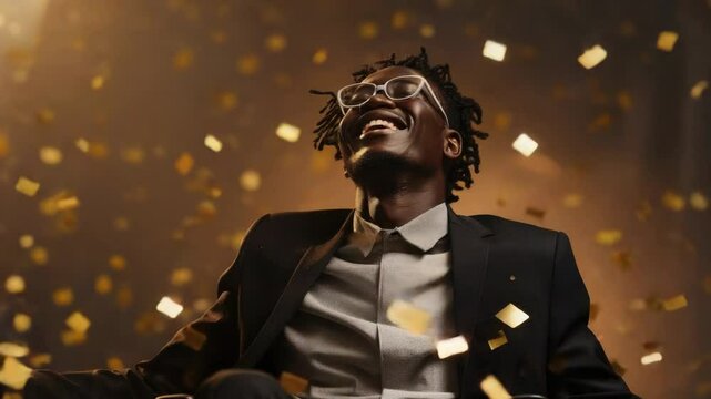 A businessman sits amidst a pile of golden confetti, conveying success and celebration
