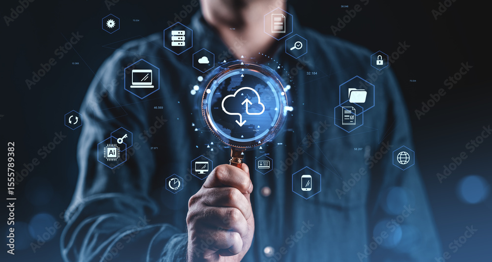 Poster man holding magnifying glass over cloud computing icon with futuristic digital interface and data te