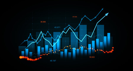 Financial market data analysis with glowing 3D bar and line charts on dark background showing...