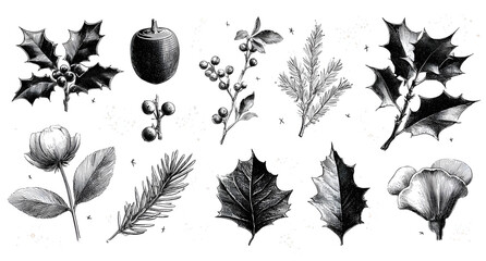 Christmas plant leaf, flower set. Hand drawn doodle sketch holly floral, christmas tree leaves, winter branch elements. Holiday decoration, rustic wreath sketch doodle. Vector illustration.
