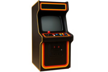 Classic arcade game machine with colorful buttons and joystick, isolated on transparent background, evoking nostalgia for vintage gaming