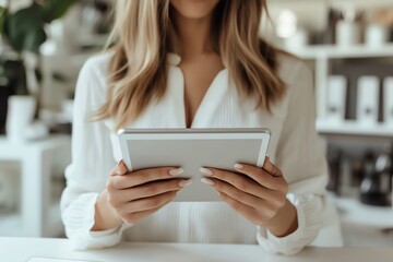 Fototapeta premium Young Woman Using White Tablet in Bright Modern Kitchen
