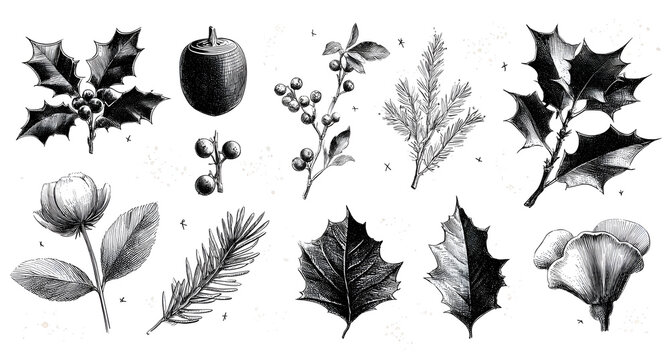 Christmas plant leaf, flower set. Hand drawn doodle sketch holly floral, christmas tree leaves, winter branch elements. Holiday decoration, rustic wreath sketch doodle. Vector illustration.