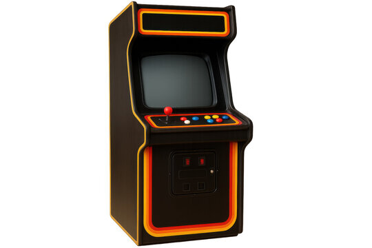 Classic arcade game machine with colorful buttons and joystick, isolated on transparent background, evoking nostalgia for vintage gaming