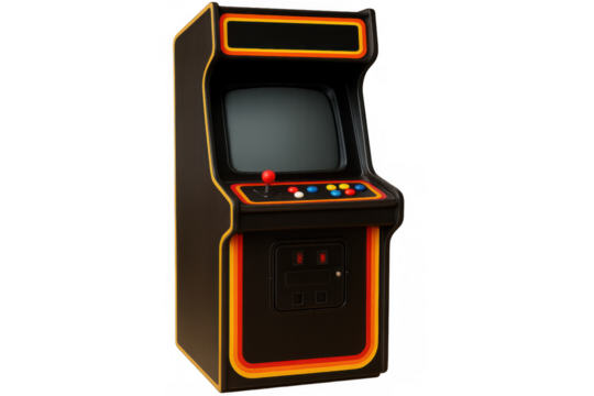 Classic arcade game machine with colorful buttons and joystick, isolated on transparent background, evoking nostalgia for vintage gaming