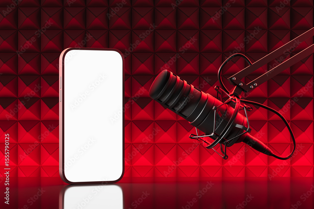 Poster 3d rendering of podcast microphone and smartphone with blank screen in red acoustic studio backgroun