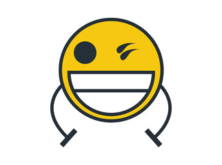 Vector illustration of a yellow house-shaped emoji with a big smile and tears of joy. Creative emoticon design for real estate, housing apps, fun messaging, and communication concepts.