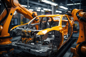 Fototapeta premium Fantastic Automated Production Process in a Robotic Car Manufacturing Plant Concept