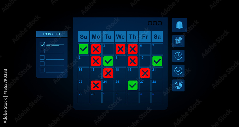 Poster 3d digital calendar interface with checkmarks and crosses for task tracking on glowing dark backgrou