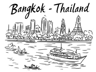 bangkok skyline with boats vector illustration