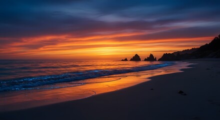 Vibrant Sunset over Ocean Beach with Silhouetted Rocks