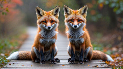 Obraz premium Two red foxes sitting on wooden pathway in autumn forest