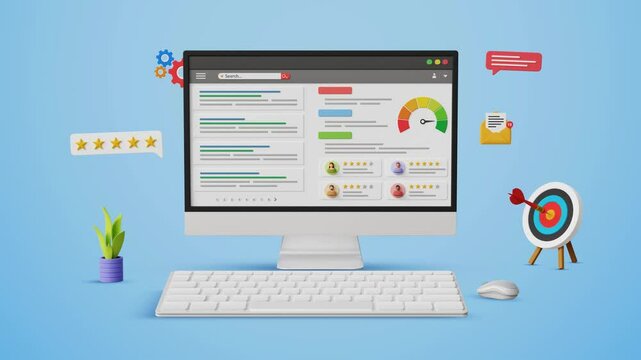 SEO ranking optimization, featured snippets, website SEO, web ranking, site rating, keyword target marketing. Optimized search engine results  page on a computer. 4K 3D animation