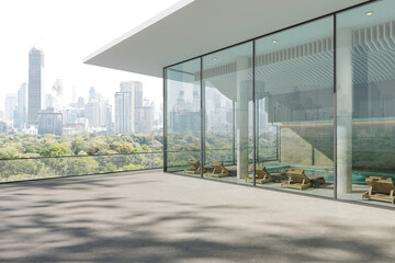 Modern rooftop terrace design with glass walls overlooking city skyline and park landscape in bright daylight. 3D Rendering
