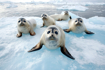 Seals relaxing on a floating ice sheet during a calm day in the Arctic region