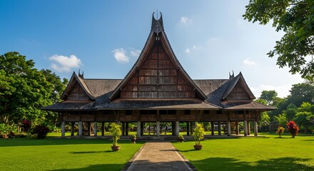 Obraz premium Traditional Building on Lawn Under Blue Sky