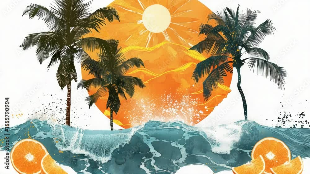 Poster freshly squeezed oranges and palm trees in a tropical paradise, perfect for a serene day by the sea