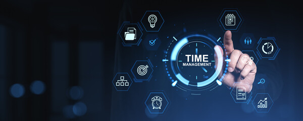 Time management concept with icons and human hand interacting with digital interface on dark background representing productivity and planning tools.