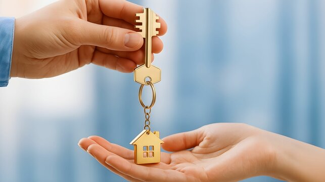 New homeowners receive golden house key symbolizing their first property purchase in a cozy setting