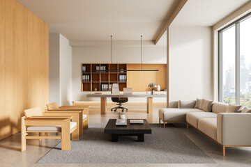 Modern minimalist office interior with wood and beige furniture, large windows, and open layout in...