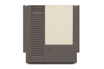 Gray video game cartridge showing blank label, resting against transparent backdrop, highlighting vintage gaming memories