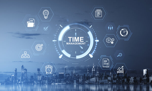 Time management concept with digital clock interface, productivity icons, and modern cityscape in background representing business efficiency and organization. - Powered by Adobe