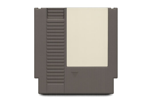 Gray video game cartridge showing blank label, resting against transparent backdrop, highlighting vintage gaming memories