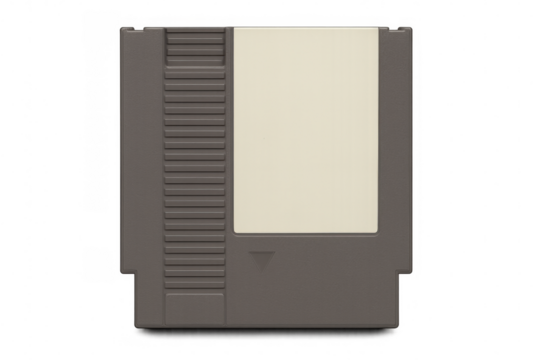 Gray video game cartridge showing blank label, resting against transparent backdrop, highlighting vintage gaming memories