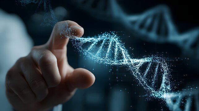 Scientist interacting with a digital DNA strand in a high-tech laboratory environment - Powered by Adobe