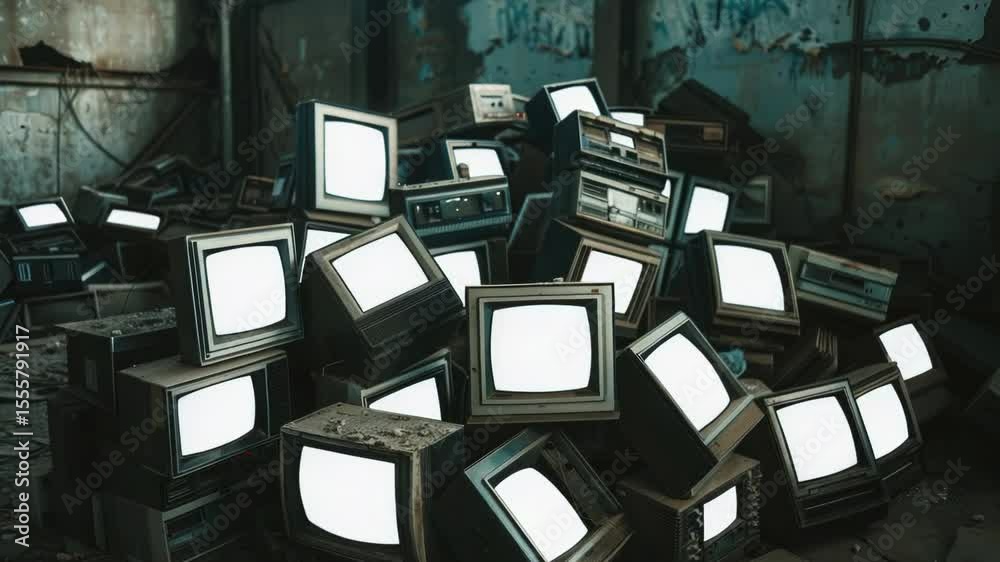Poster a collection of vintage televisions stacked in a room, ideal for use in retro-themed or nostalgic se
