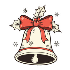 Christmas bell with red bow and holly leaves holiday
