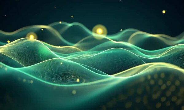 Abstract waves teal and gold background digital art motion graphics visualization design element