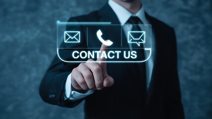 Man in suit touches contact us button with icons business