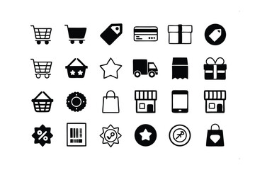 E-Commerce Icons: A comprehensive array of sleek, black and white icons representing various aspects of the online shopping experience, from shopping carts to gift boxes.