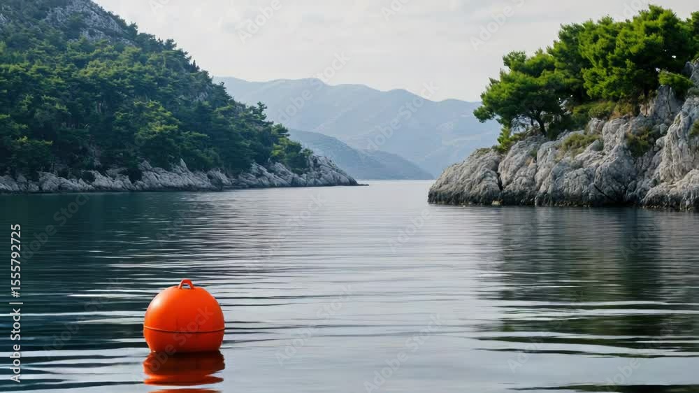 Poster buoy floating in calm lake or sea, useful for navigation and decoration
