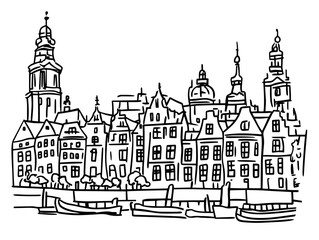 Obraz premium dutch canal with historic buildings and boats hand drawn black and white vector