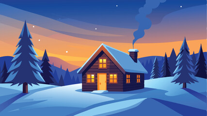 Naklejka premium A cozy cabin nestled in snowy mountains at sunset, illuminated with warm light