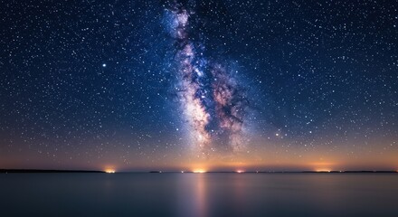 Milky Way over calm water at night. Serene landscape with galaxy reflection. Starry sky with orange horizon glow.