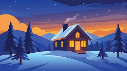 A cozy cabin nestled in snowy mountains at sunset, illuminated with warm light