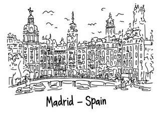 gran via in madrid with classical buildings hand drawn vector