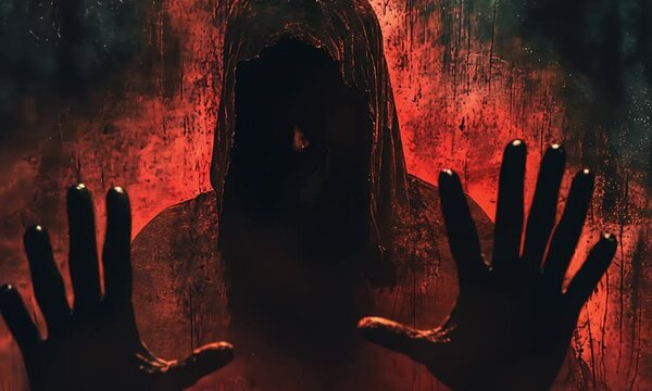 Dark figure horror scene background creepy hooded figure with hands on glass halloween concept art