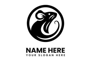 A stylized black silhouette of a rat or mouse inside a circle, with text below.