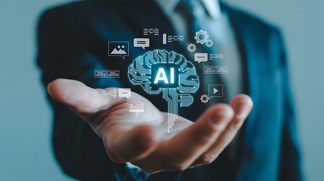 Person holding glowing A I brain with digital icons